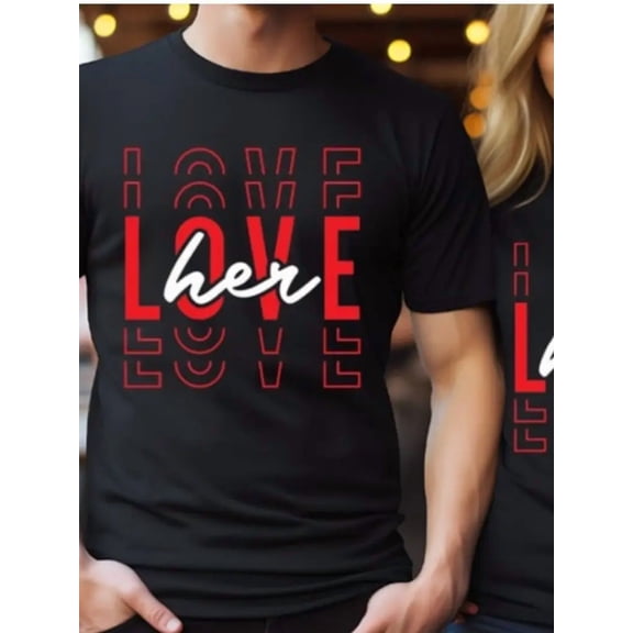 His and Hers Matching Love Shirts - 100% Cotton Valentine's Day T-Shirts, Black with Red "Love Him" and "Love Her" Print, Casual Round Neck, All-Season Comfort, Perfect