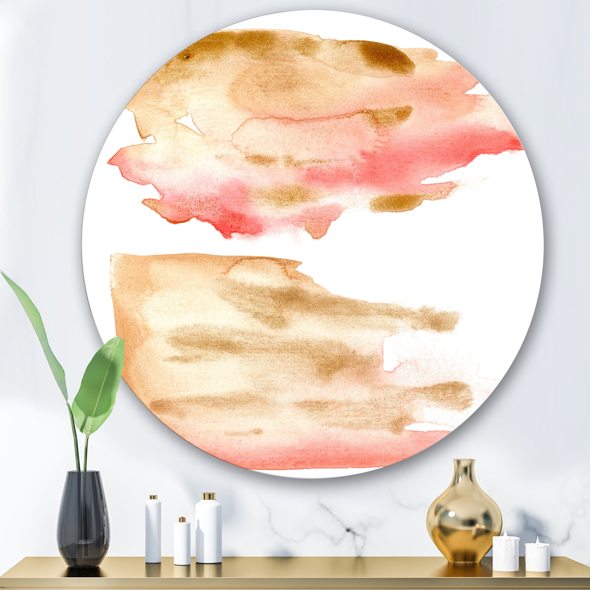 Designart 'Red Pink Gold and Beige Abstract Clouds' Modern Circle Metal Wall Art 36x36 - Disc of 36