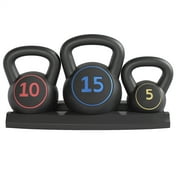 SmileMart 3-Piece HDPE Kettlebell Exercise Fitness Weight Set 5lb 10lb 15lb Weights for Home Exercise, Black