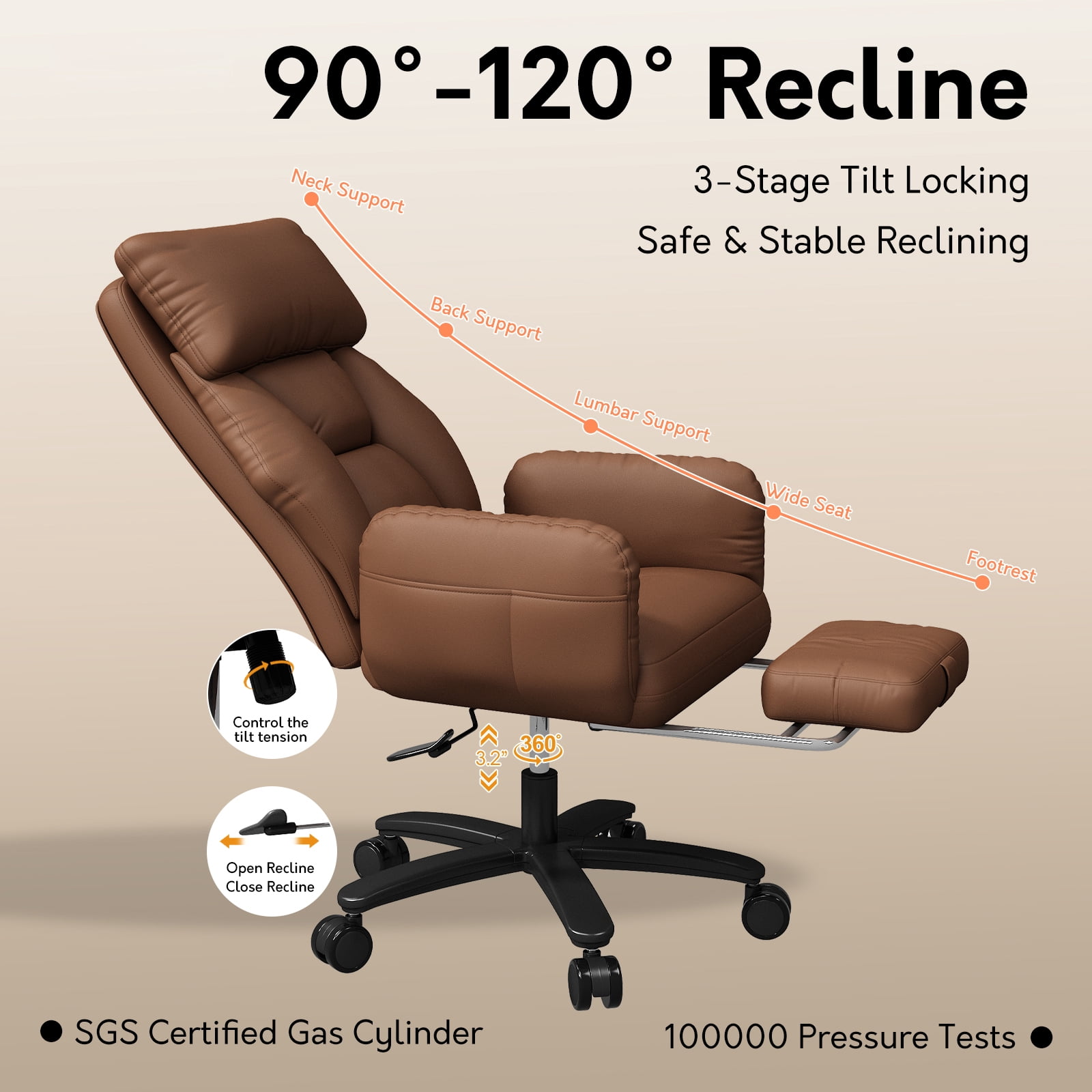 iooHug Criss Cross Office Chair, Big and Tall 500lbs High Back Faux Leather Desk Chair with Footrest, Wide Seat Cross-Legged Reclining Chair with Reversible Armrests and Lumbar Support, Brown