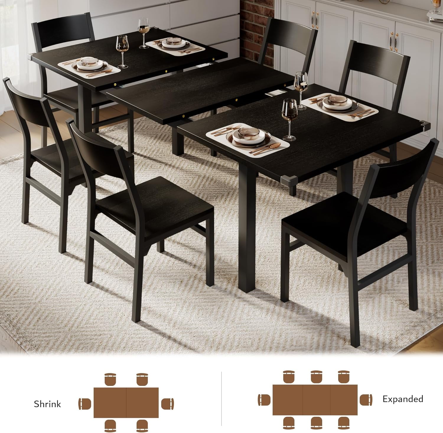 iPormis 63" Extendable Dining Table for 4-8, Square Wooden Dining Room Table with Metal Base, Modern Extendable Table for  Small Kitchens, Dining Office Areas, Black