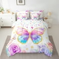 thumbnail image 2 of Manfei Blue Pink Butterfly Print Bedding Comforter Set 7 Pieces, Romantic Rose Flower Full Bedding Set, Cartoon Princess Style Reversible Fitted Sheet Flat Sheet, Super Cozy Room Decor, 2 of 7