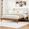 thumbnail image 3 of Queen Size Bamboo Platform Bed, Mid-Century Bed Frame with Tall Upholstered Headboard, Wood Slat Support, No Box Spring Needed, Easy Tool-Free Assembly, Beige+Brown, 3 of 7