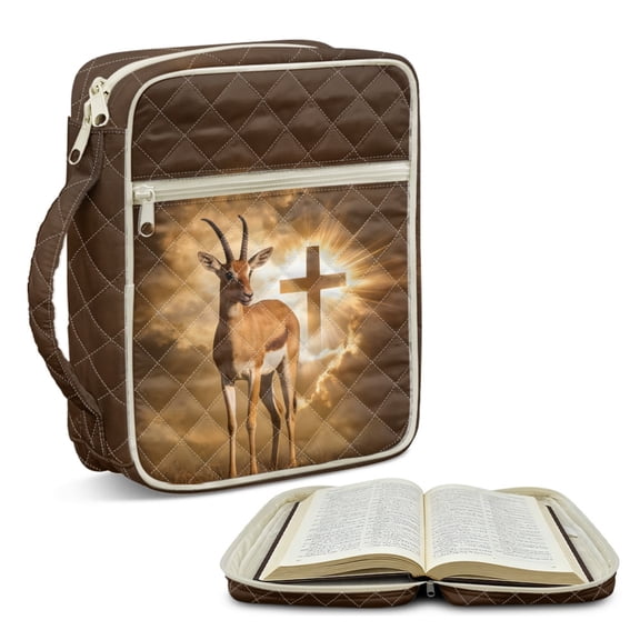 ZUXONGSY Antelope Cross Print Quilted Bible Cover for Women Large Bible Bag Lightweight Handbag with Pen Slots Scripture Bag for Daily Use