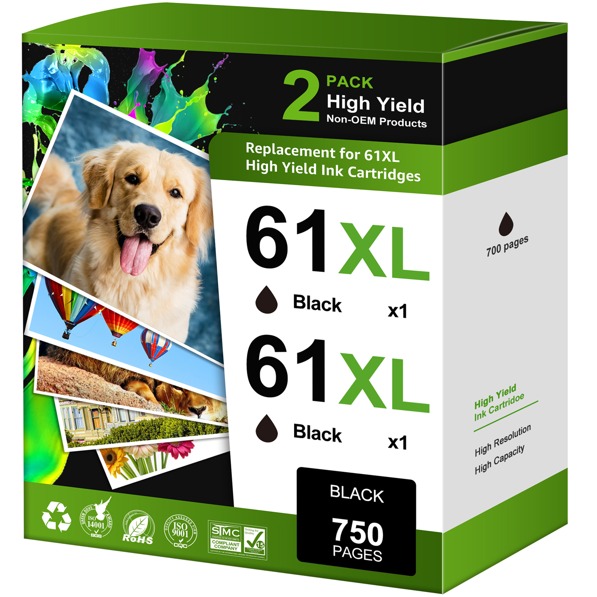 Halofox 61XL Black Ink Cartridge 2-Pack for HP