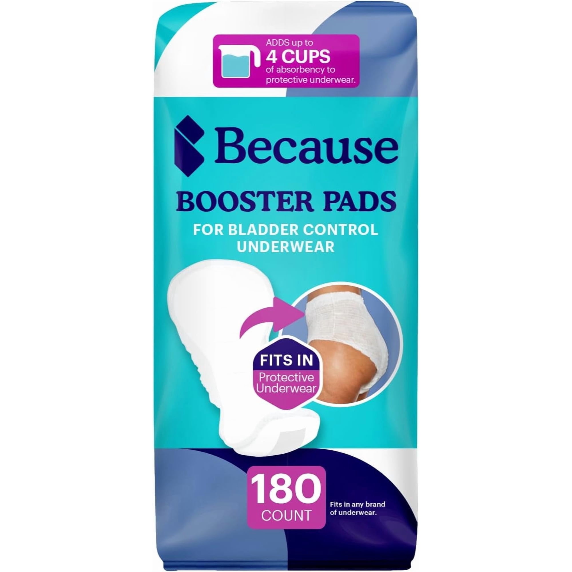 Because Incontinence Booster Pads Overnight - Ultra Long 16", For Women and Men, Adds 4 Cups Absorbency to Adult Diapers. 180 Boosters (4 Packs of 45)