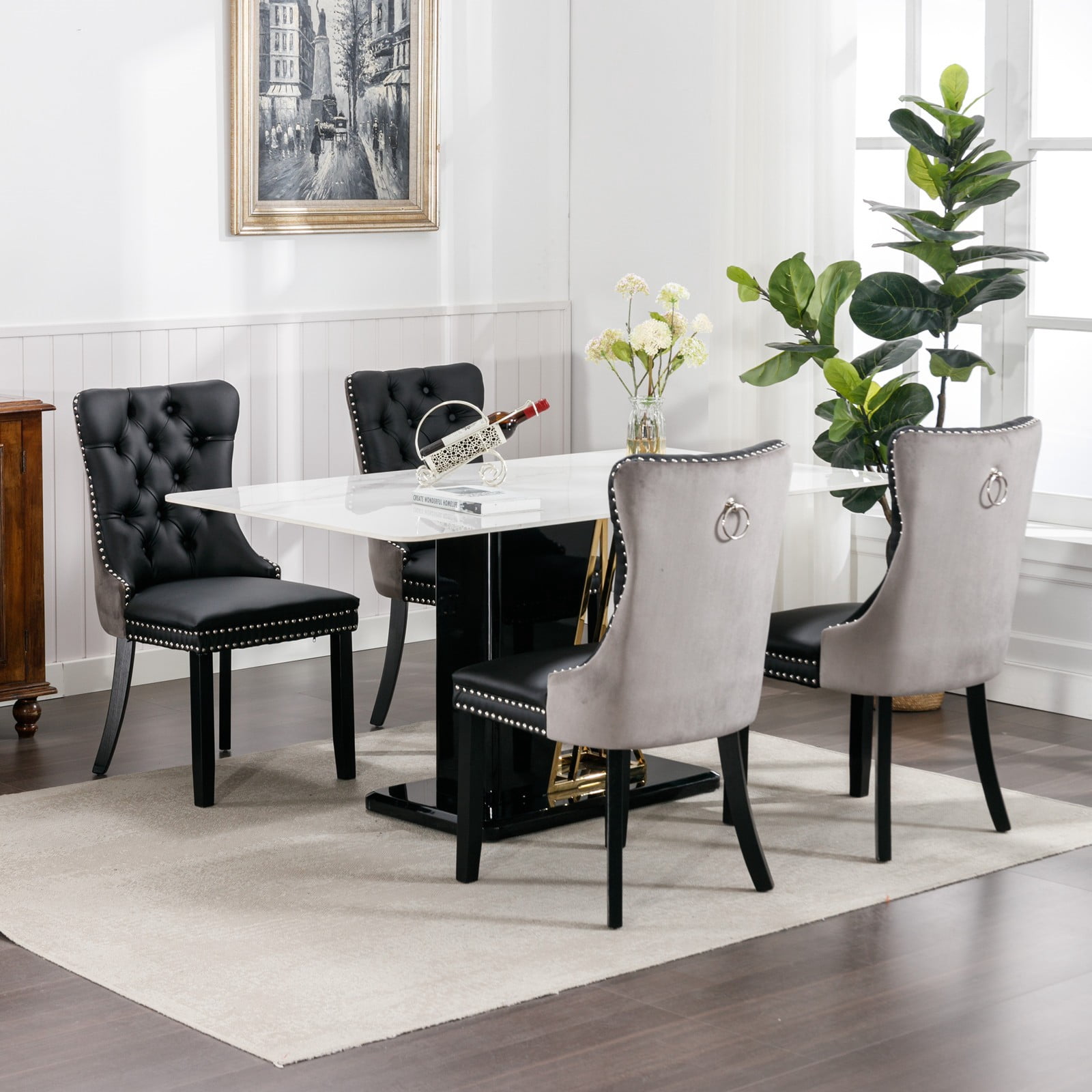 Rhomtree Faux Leather Tufted Dining Side Chairs, Black/Gray (Set of 2)