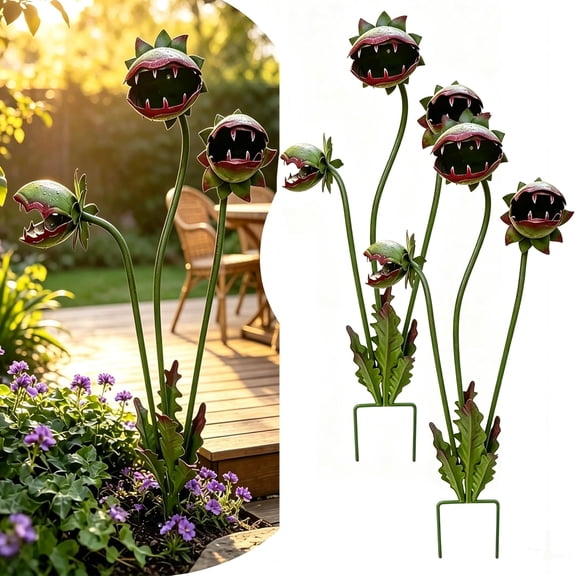 Whimsical Metal Carnivorous Plant Garden Stake, 25" Large Venus Fly Trap Yard Decor, Halloween Outdoor Garden Decoration for Flower Beds, Patios & Planters, 2pack