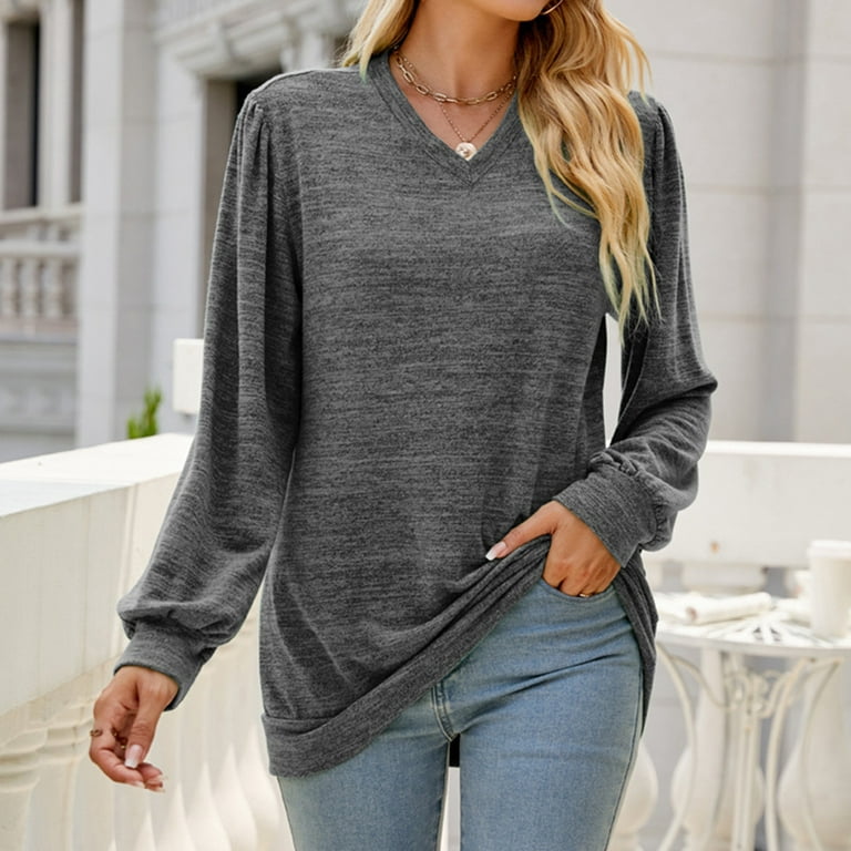 YWDJ Womens Tops Dressy Casual Long Sleeve Solid with V Neck Long Sleeve  Gray S 