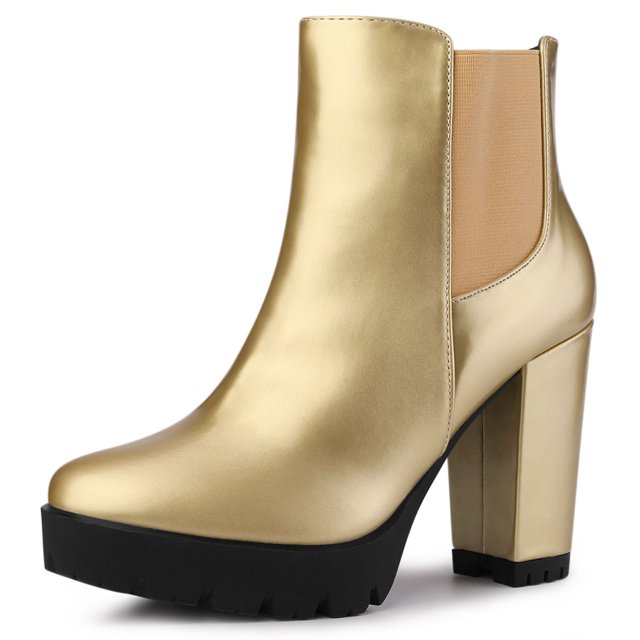 Botines Plataforma Punta Redonda Cremallera Tacón Bloque Oro 26.5cm
