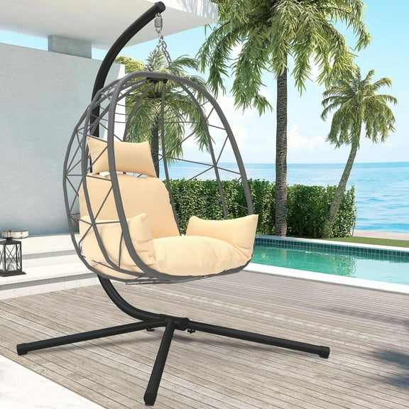 Outdoor Egg Chair, Patio Wicker Swing Egg Chair with Stand, Aluminum Frame Hanging Chair with Soft Cushion and Pillow for Bedroom Patio Balcony, 350-pound Weight Capacity, JA2453