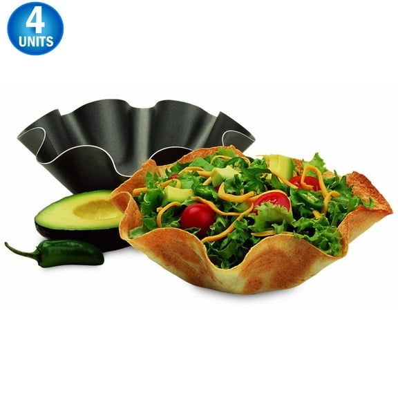Tortilla Bowl Taco Pan Maker - Non Stick Carbon Steel - Perfect for Tortilla Shells, Tostada, Taco Salads, Desserts & More - 7x7x3" Large 4pc Set