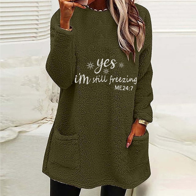 DPTALR Blouse de Noël pour Femmes Col Rond et Hiver Ample Imprimé Poche Chaude Manches Longues