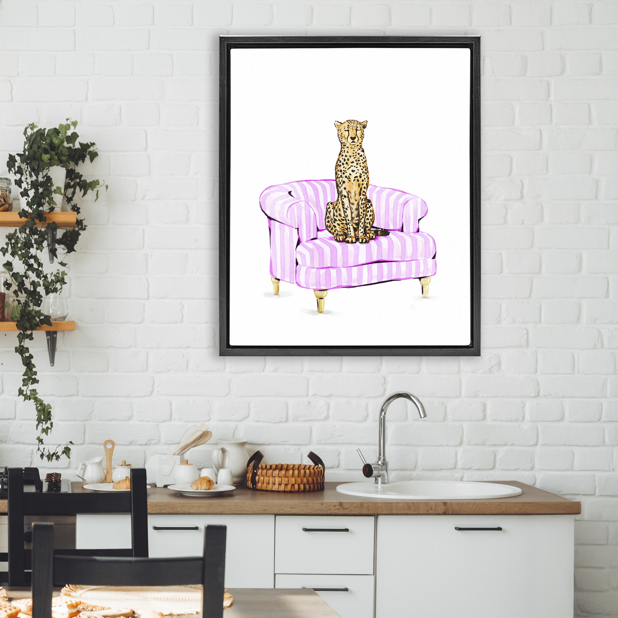 Cheetah on Pink Stripe Chair Black Framed Floater Canvas Wall Art, design by Ziwei Li