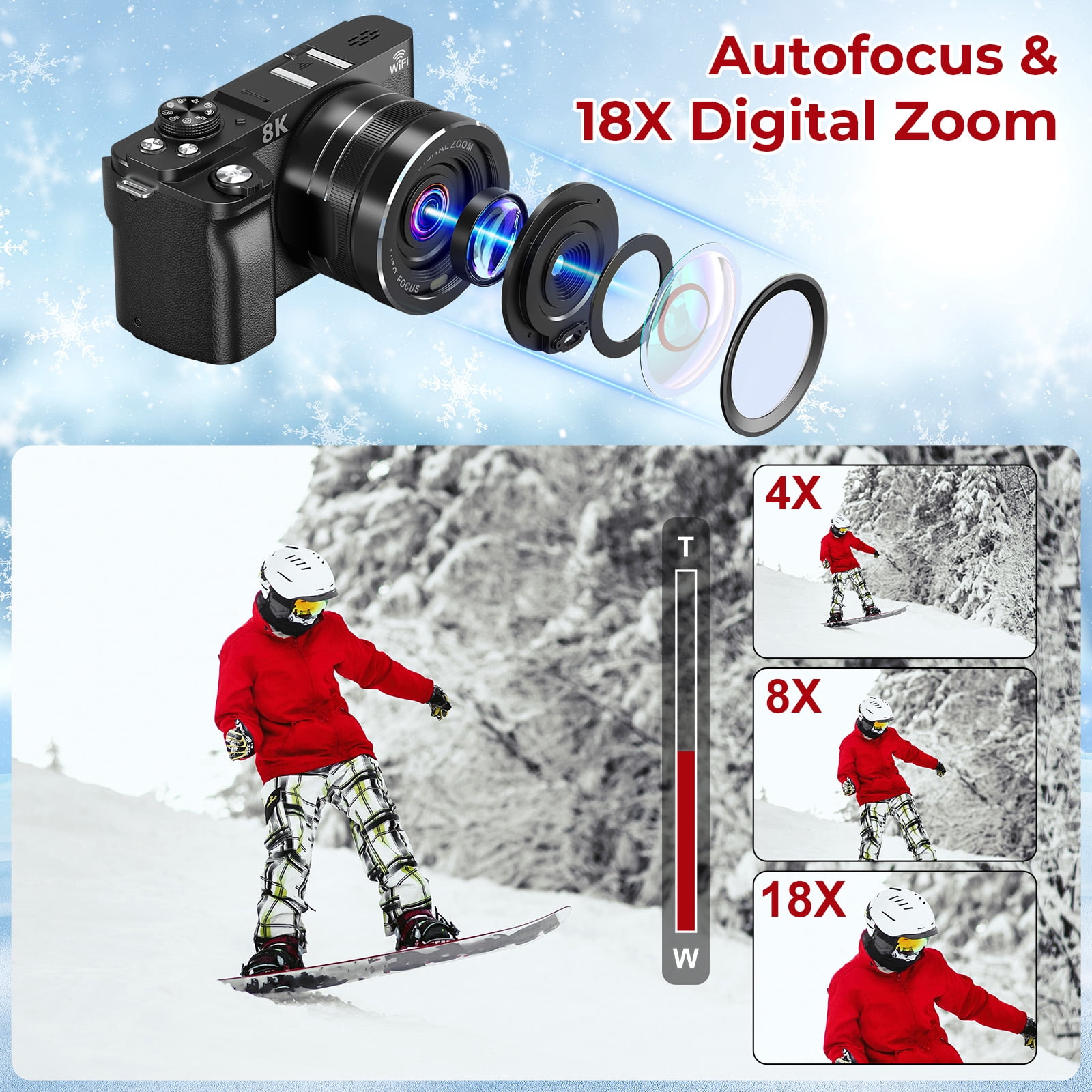 Digital Cameras for Photography 8K WiFi 88MP 18X Zoom Autofocus Vlogging Camera with 3" 180° Flip Screen, 64GB Card