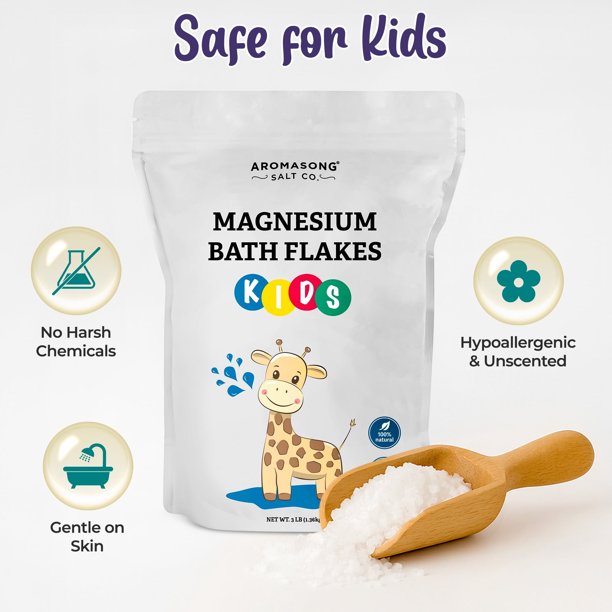 Aromasong Kids Magnesium Bath Flakes, Pure Dead Sea Salt Soothing Bedtime Soak, 3 lb