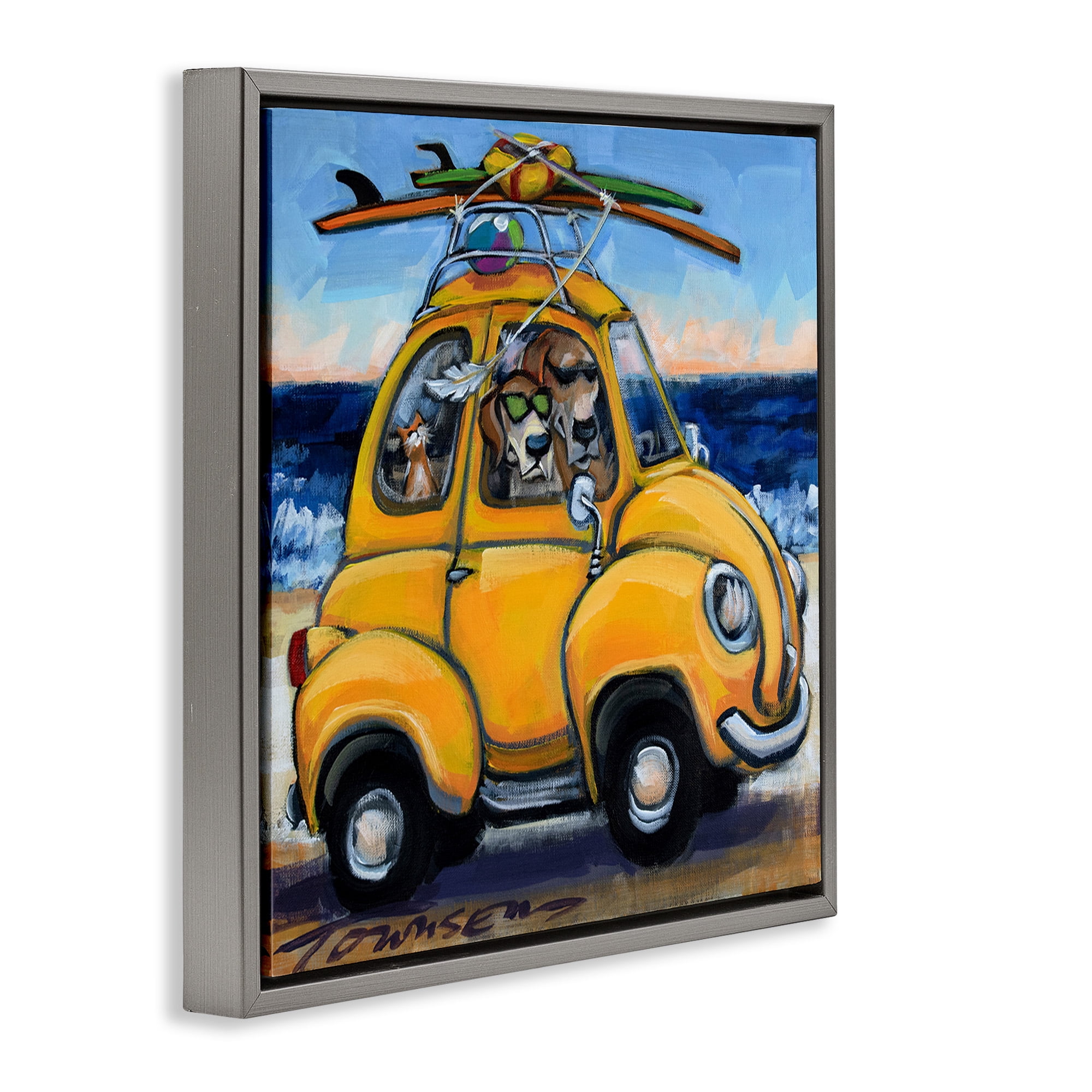 Stupell Industries Groovy Pet Beach Buggy Animals & Insects Painting Gray Floater Framed Canvas Art Print Wall Art, 18 x 18