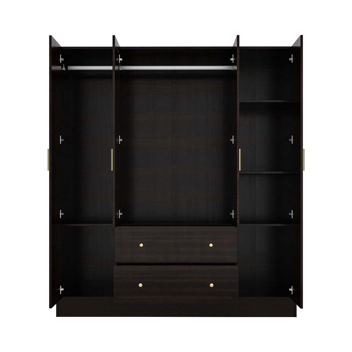 WIAWG Modern Mirrored Armoire Closet for Bedroom, 4 Door Wardrobe with Hanging Rods, Drawers and Shelves, Brown