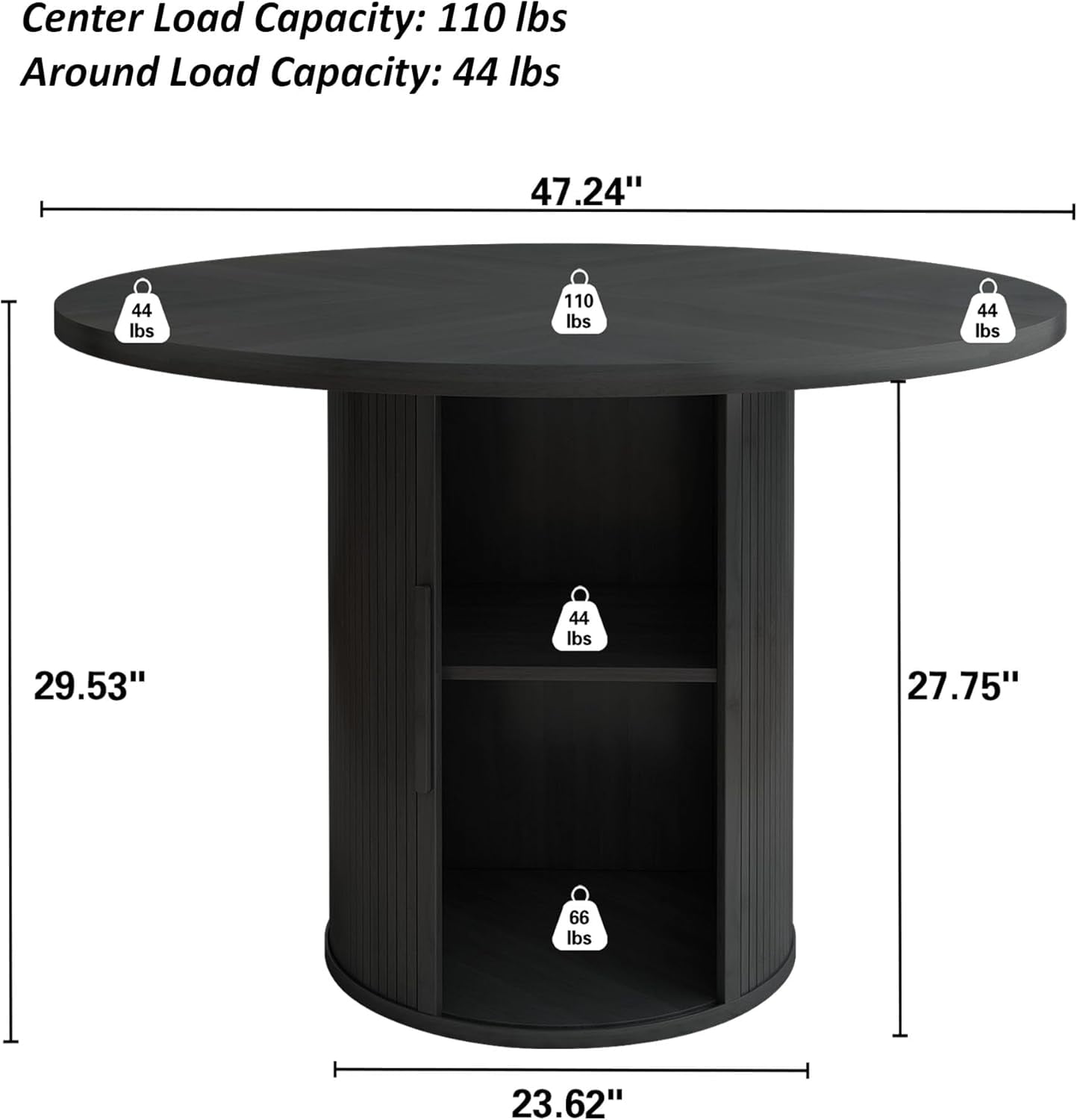 Wirrytor 47" Black Dining Room Table with Storage, Modern Round Table for 4, Kitchen table with 2-Layer Storage Shelves, Circle Dining Table