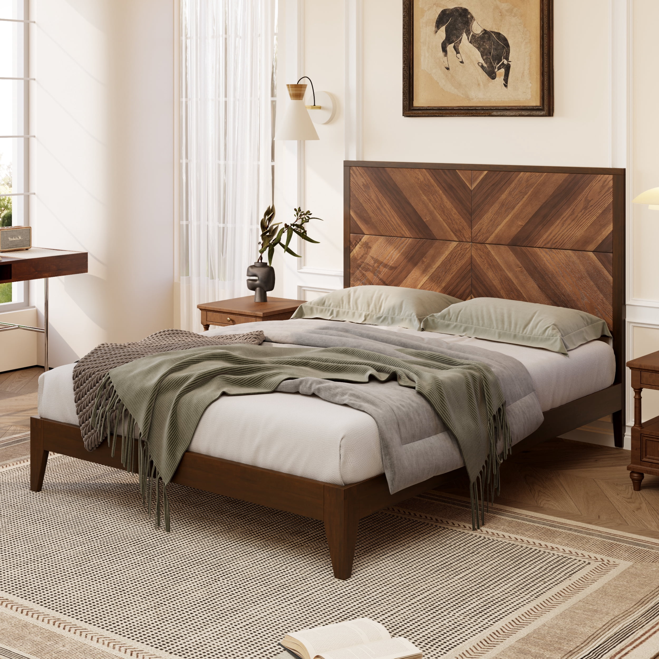 Euroco Mid-Century Wood Platform Bed, No Box Spring Needed, King, Walnut