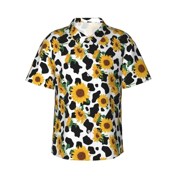 Fotbe Cute Cow Print Sunflower A Camisa Hawaiana para Hombre Unisex – Camisa Casual de Verano con Botones de Manga Corta de Algodón y Lino,XX-Large
