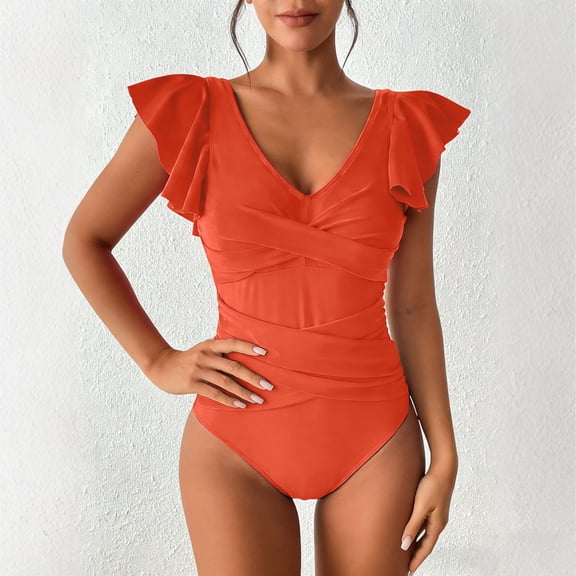 Aimik Women's V-Neck One-Piece Fitted Swimsuit with Ruffled Sleeve Solid Color Lace Up Swimsuit Set for Women