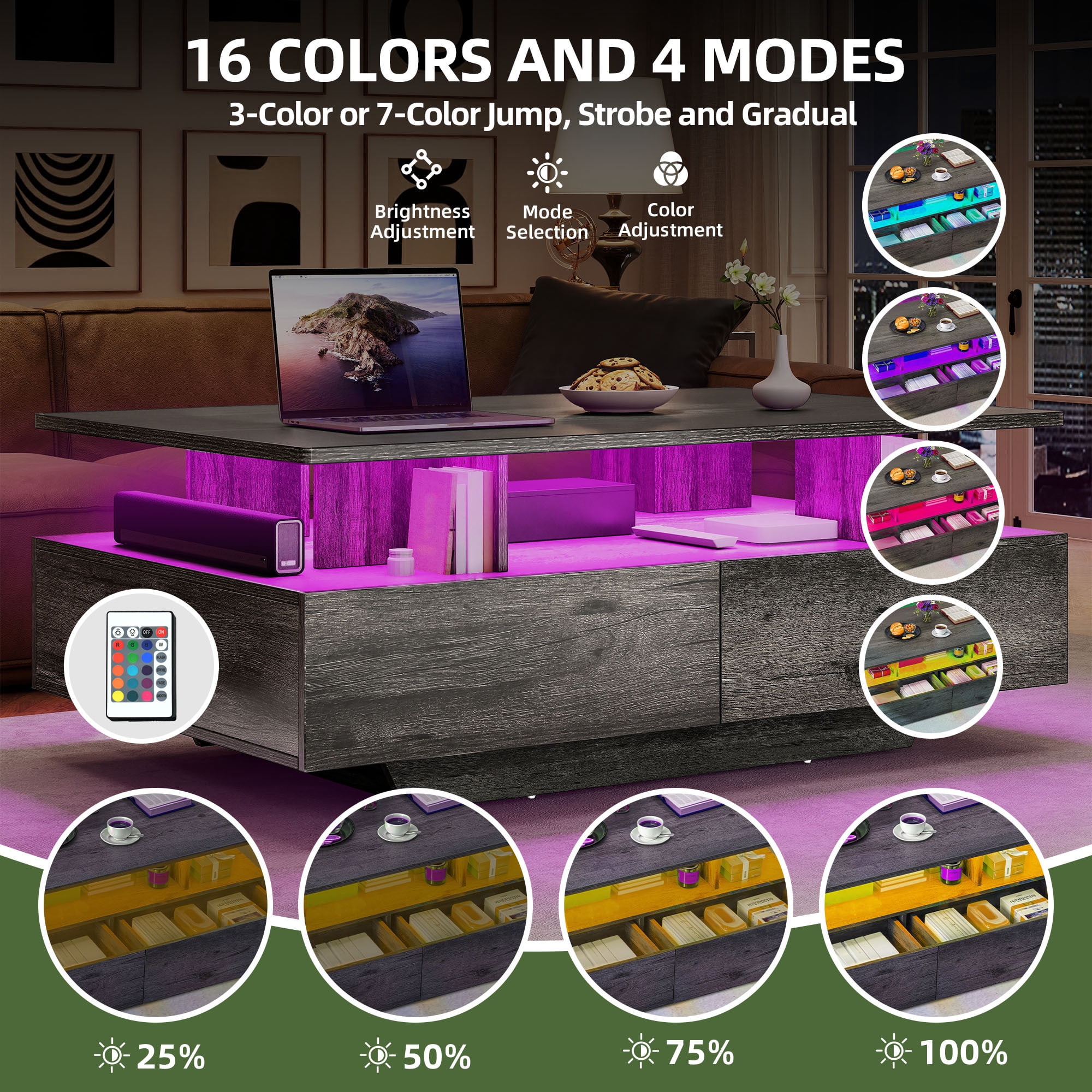 Uforic Modern LED Coffee Table, Center Tables with Storage for Living Room, Gray