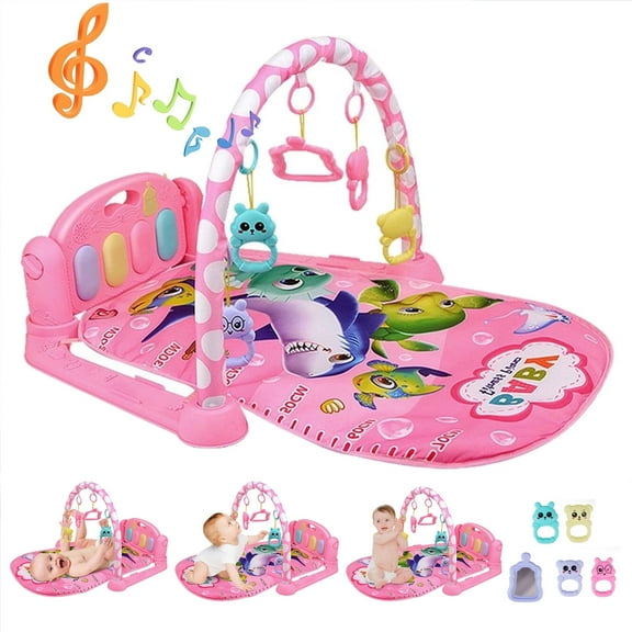 3-in-1 Musical Baby Play Mats with Toys,Kick & Play Piano Gym Playmat for Infants(Pink)