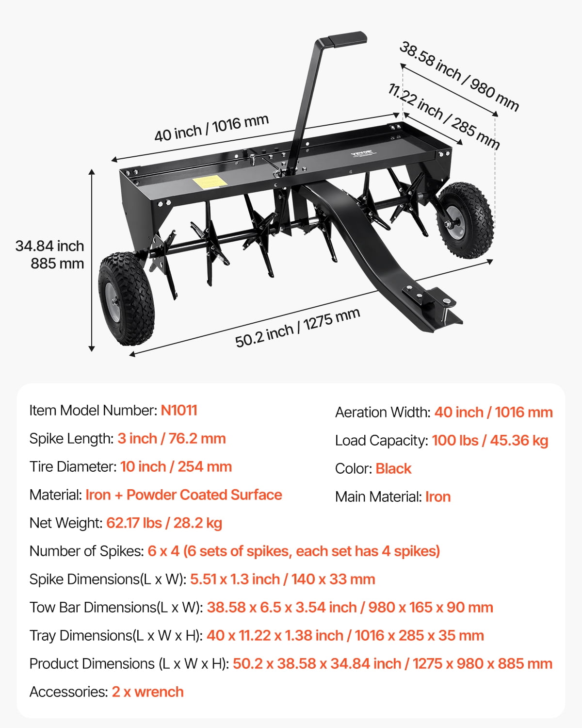 VEVOR Tow Behind Plug Aerator, 40-Inch Tow Behind Lawn Plug Aerator with Universal Hitch, Pull Behind Aerator with Iron Spikes Alternately Arranged, Lawn Aerator Tow Behind for Gardens, Lawns, Farms