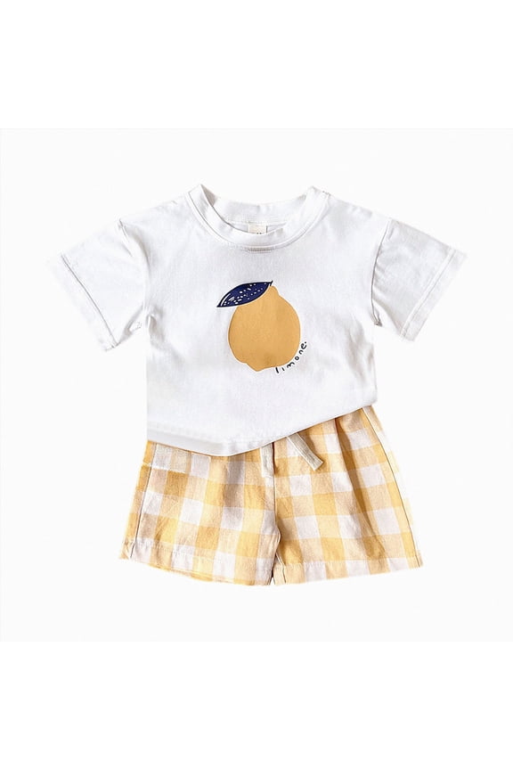 Toddler Baby Girl Back To School Outfits First Day of Preschool T-Shirt Top Gingham Shorts Sets Infant Fruit Print Outfit Yellow,6-9 Months