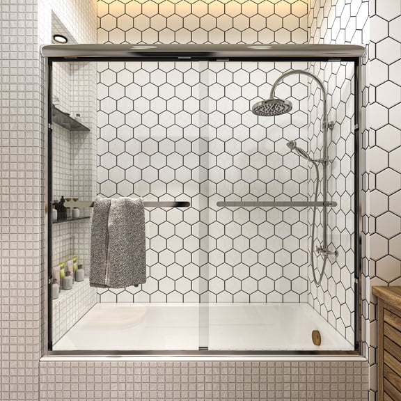 56 to 60 in. W x 58 in. H Framed Pivot Shower Door in Silver with Clear Glass