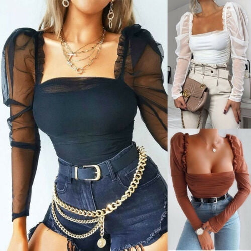 Womens Ladies Sexy Square Neck Tops Blouse Mesh Sleeve Holiday Party Tee T  Shirt
