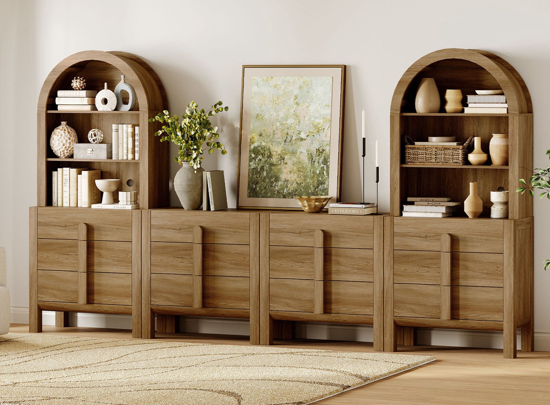 71"H X 126"W Tall Arched Bookshelf with 12 Drawers, Modern 6-Tier Bookcase with Open Storage, Large Wood Display Cabinet For Living Room Bedroom Home Office Kitchen