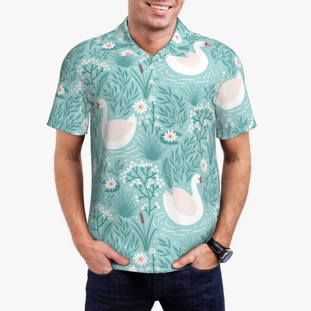Bingfone Swan And Flowers4 for Men's Button-down POLO Shirts, Quick-drying Shirts and T-shirts for Summer, Suitable for Vacation and Business-4X-Large
