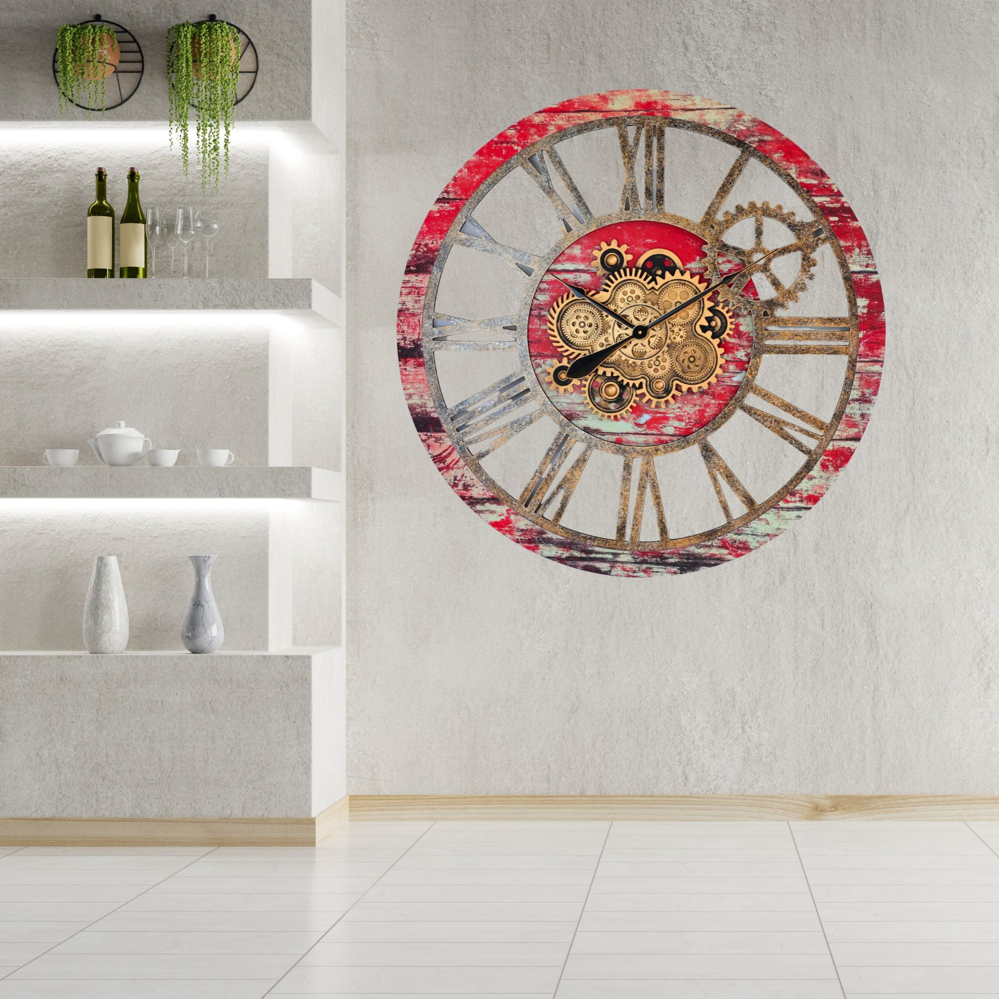 THE GEARS CLOCK Wall Clock with Real Moving Gears AM-LI_ 36 in Round Red-Lava