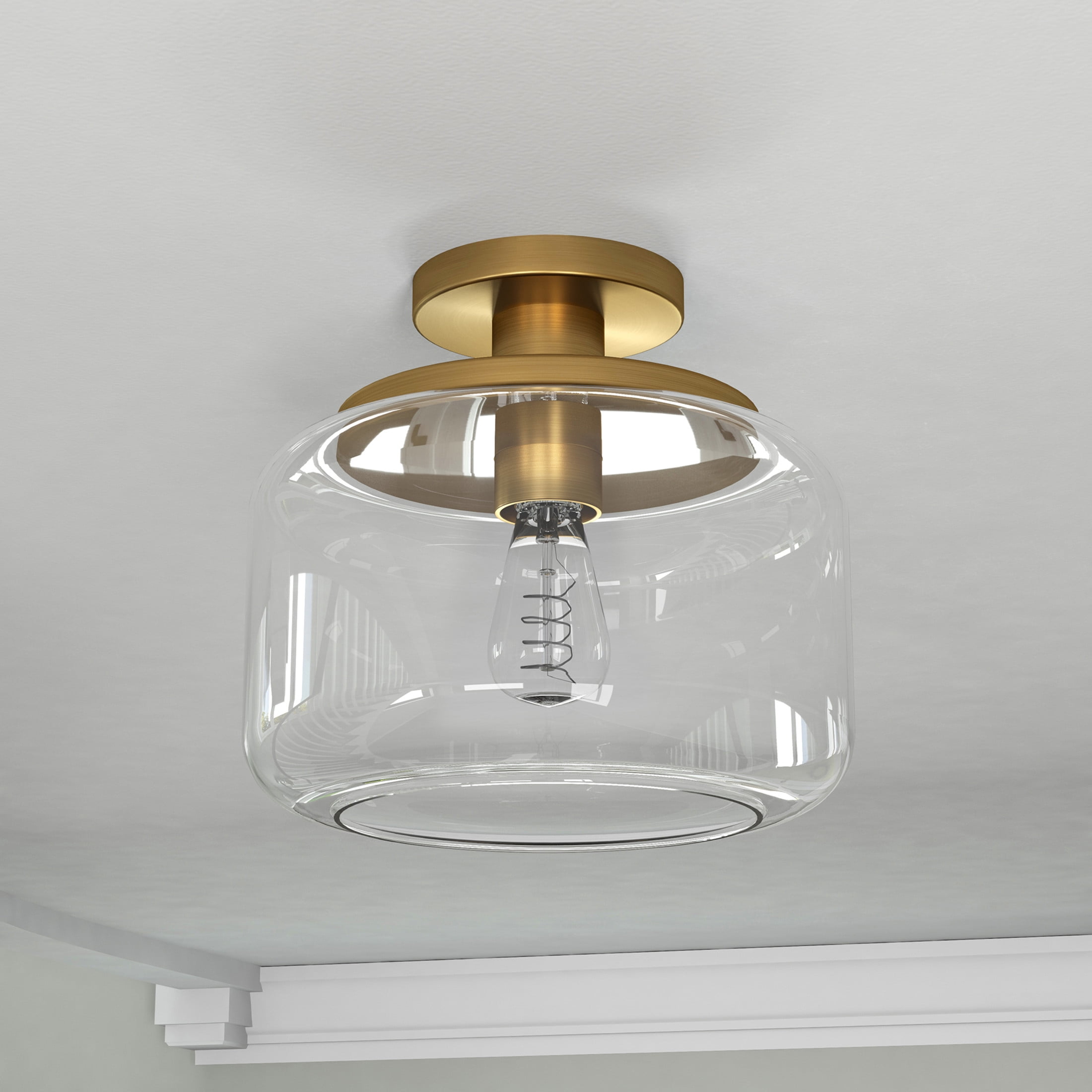 Evelyn&Zoe 11" Brushed Brass Finish Metal/Glass Semi Flush Mount