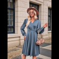 thumbnail image 4 of Robe Courte à Col en V pour Femmes, Smockée, Manches Longues, Taille Haute, Ligne A, Cocktail, Mini, Été Automne, Robes 2025, 4 of 9