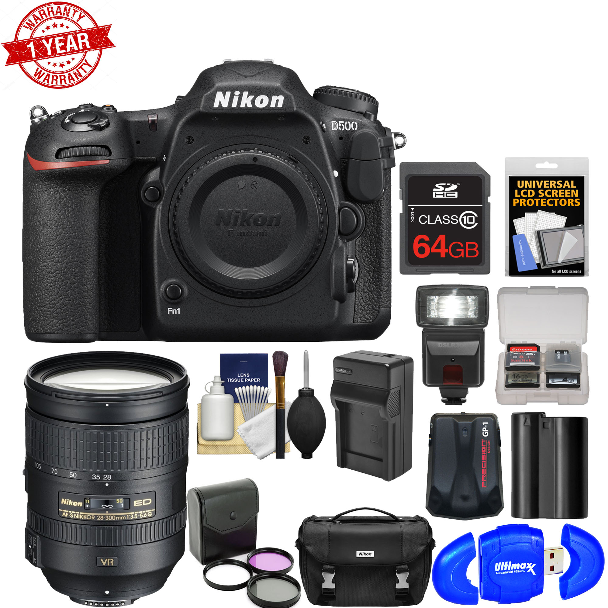 Nikon D500 Wi-Fi 4K Digital SLR Camera Body with 28-300mm VR Lens + 64GB Card + Case + Flash + Battery &amp;amp; Charger + Filters + Kit - image 1 of 1