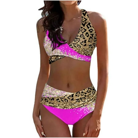 Summer Savings 2024! TMOYZQ Women s High Waisted Bikini Sets Leopard Print Front Cross Halter Swimsuit Two Piece Cheeky Bathing Suit for Women Tummy Control Beach Swimwear