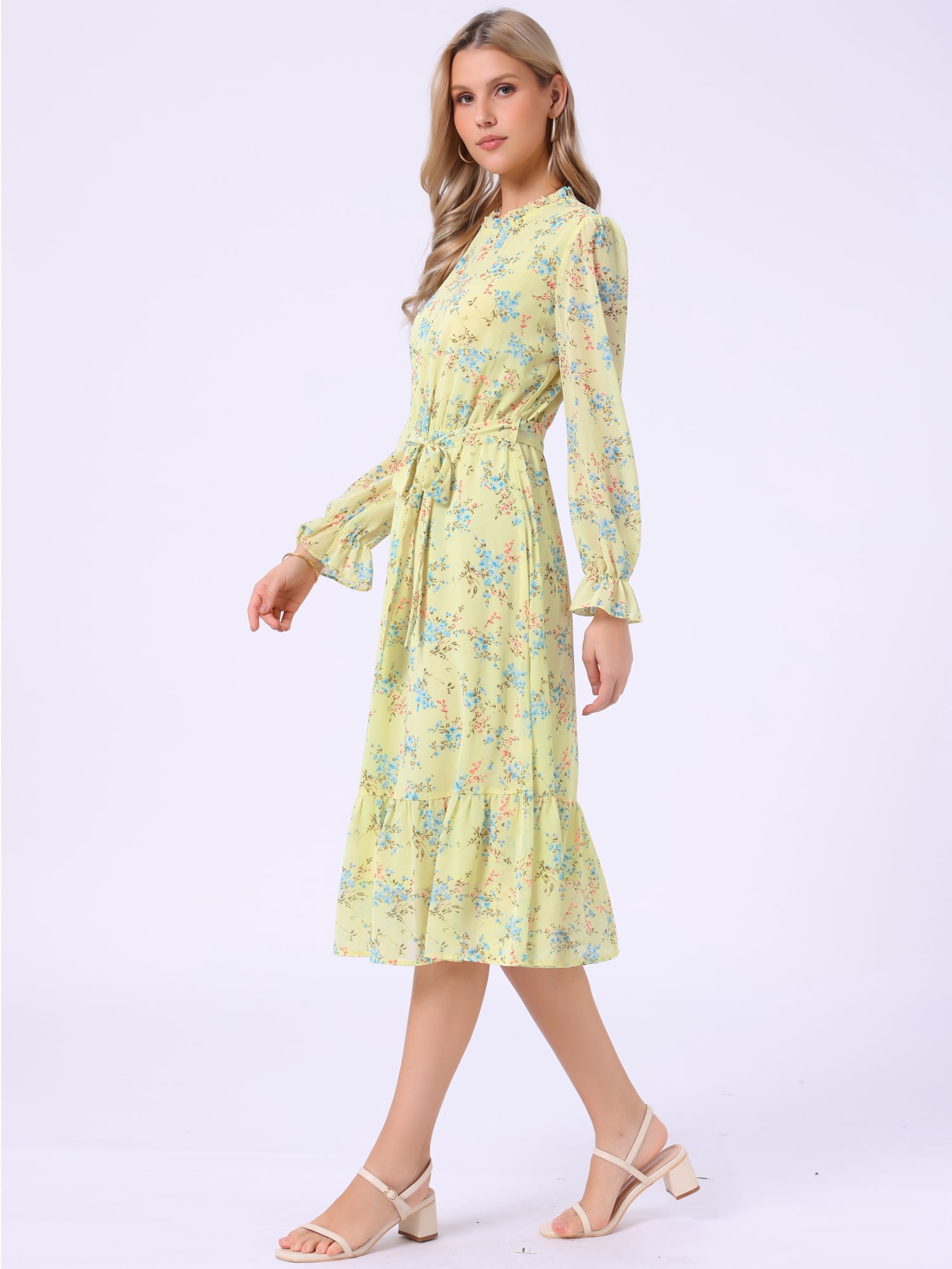 DARING DIVA Fall Floral Long Sleeve Chiffon Midi Dress S Yellow