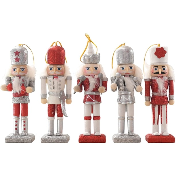 5 piezas soldado de cascanueces de Navidad 13 cm soldado de cascanueces de madera decoración de árbol de Navidad cascanueces figura de Cascanueces de Navidad adorno de Navidad brillo rojo y plateado Vhermosa ZYY-1932