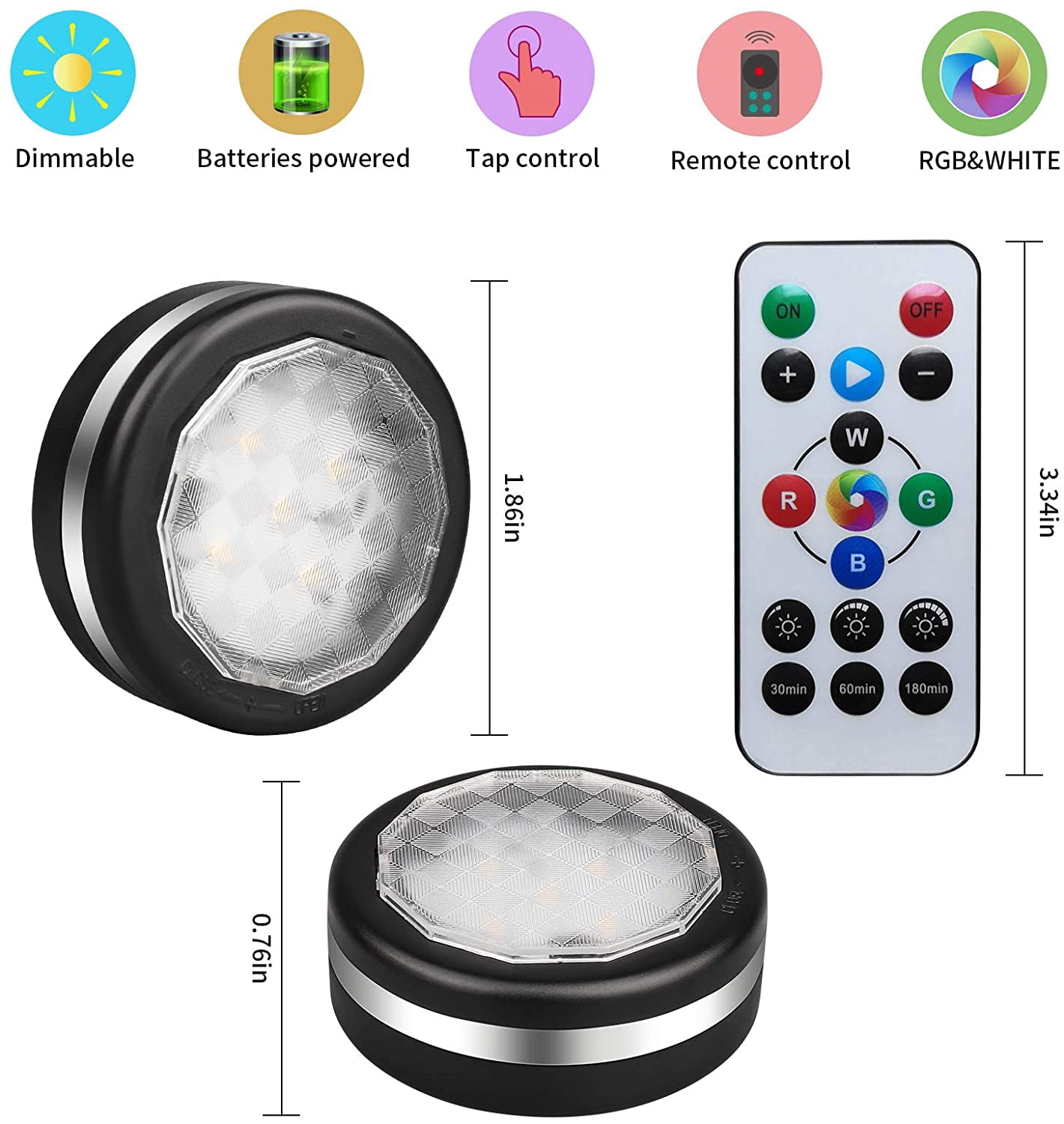 EIMELI Lightess Wireless Puck Lights Remote Under Cabinet Lights Black Under Counter Lighting Battery Operated LED Closets Light Kitchen Stick On Lights, 6PCS