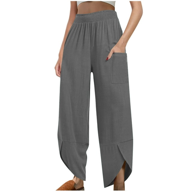 Birdeem Linen Pants for Women High Waistwomen Imitation Linen Solid Color Elastic Waist Irregular Pants with Pockets At the Bottom of the Pantslinen Pants Women High Waist