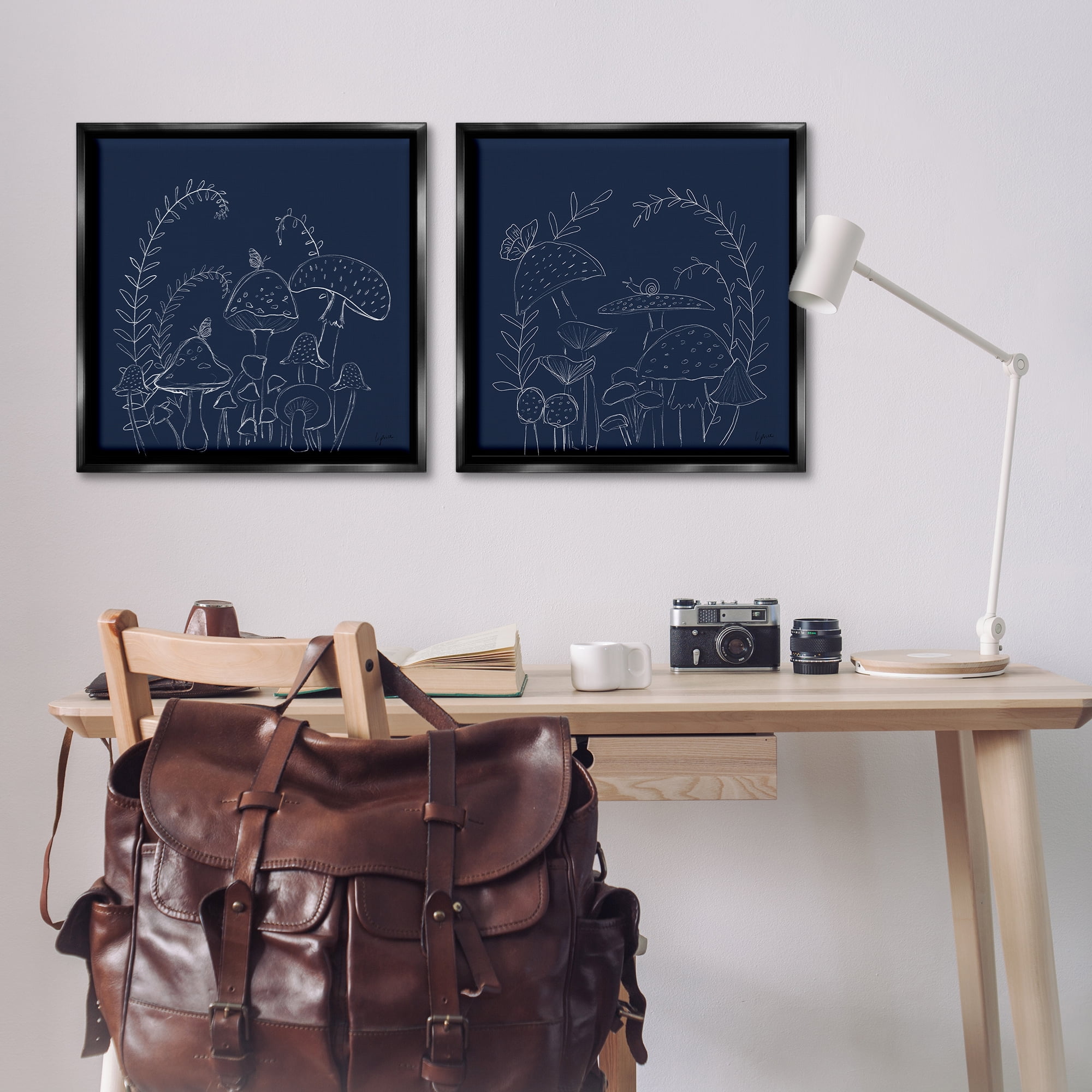Stupell Industries Minimal Happy Mushroom Garden Floral & Botanical Painting Black Floater Framed Canvas Art Print Wall Art, 25 x 25, Set of 2