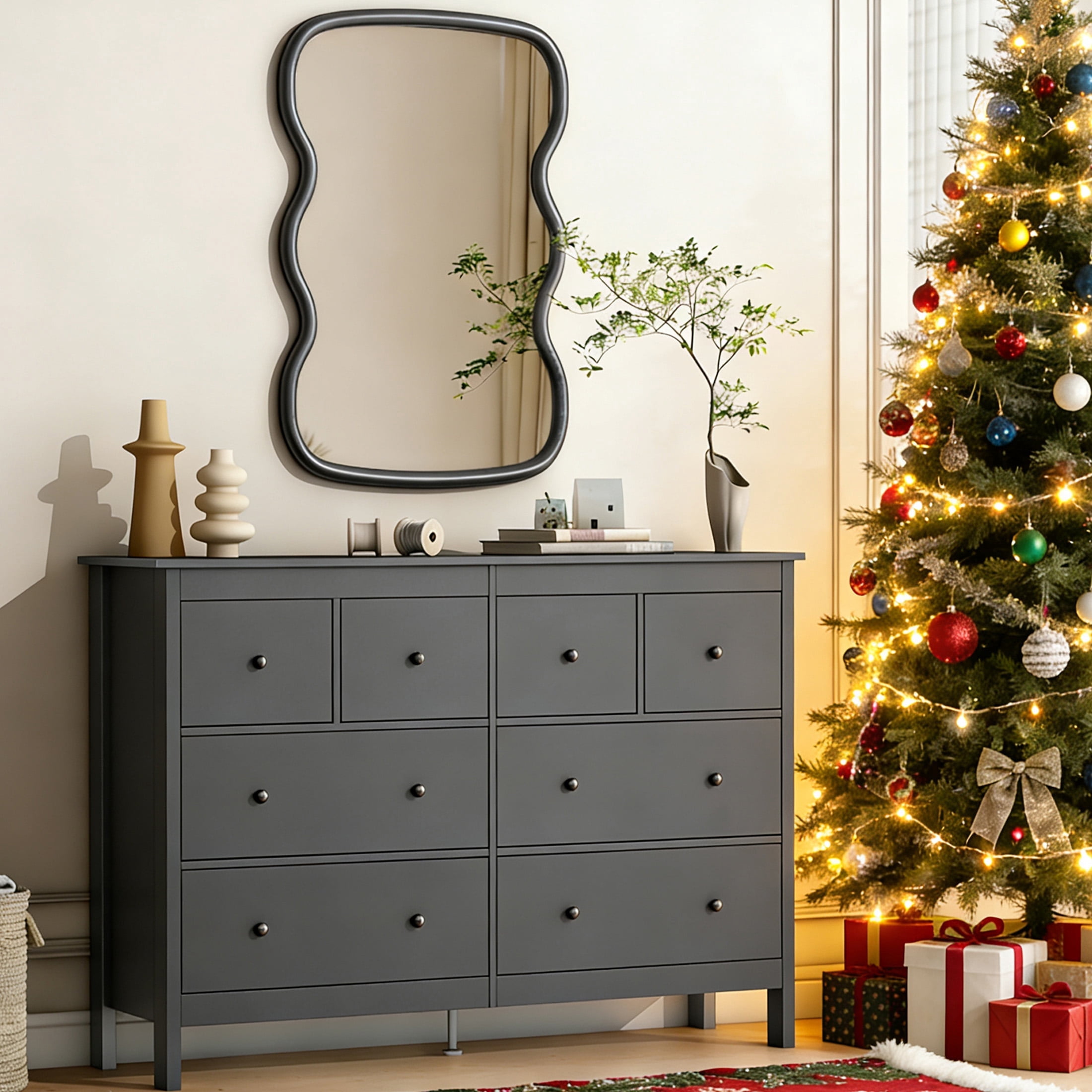 Akaber 8 Drawer Dresser, 55" Modern White Dressers, Chest of Drawers, Wooden Wide Dresser for Bedroom, Living Room, Black