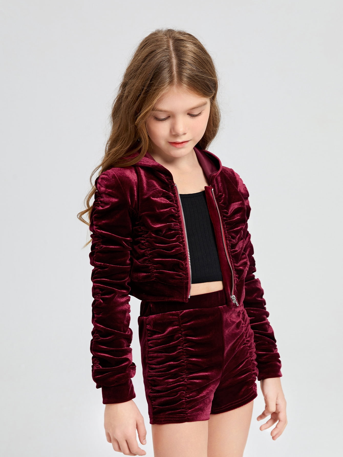 Dressy Girls Zipper Front Ruched Velvet 