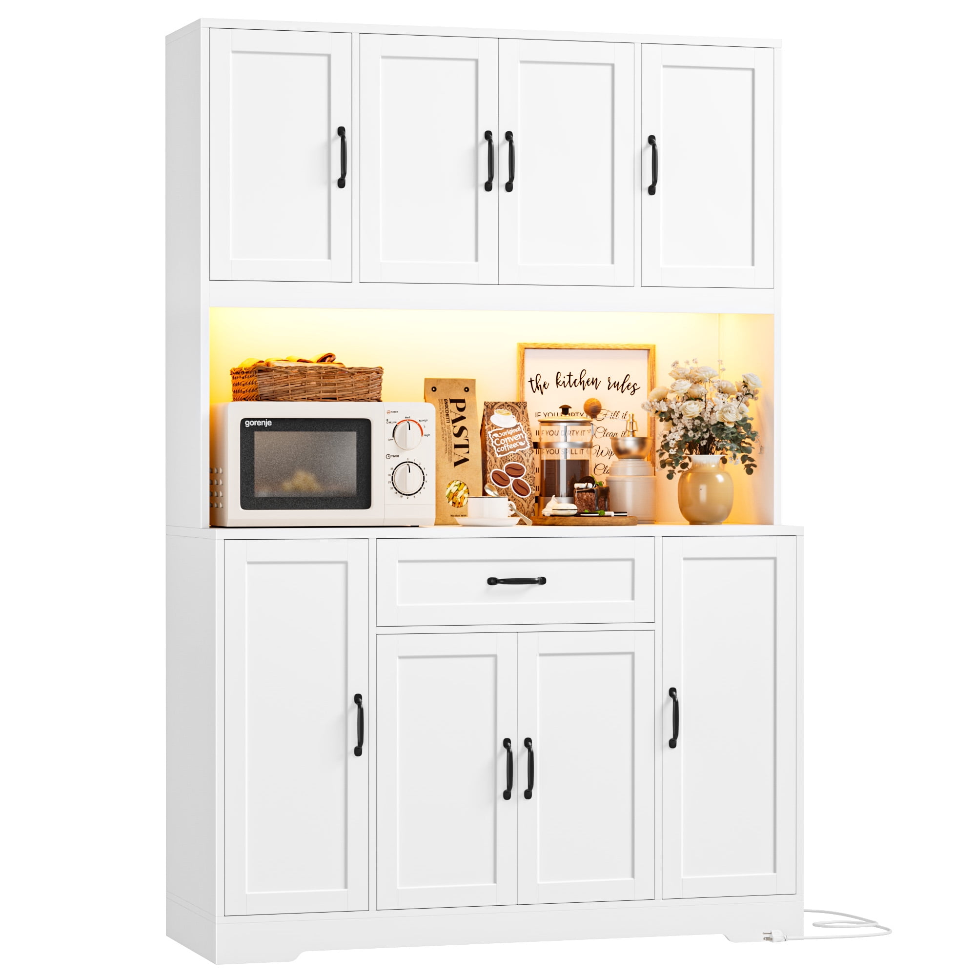 Homfa 70'' Tall Kitchen Pantry Cabinet with Charge Station & Led Light, 8 Door Hutch Storage Cabinet with Storage Drawer & Adjustable Shelves & Microwave Stand, White
