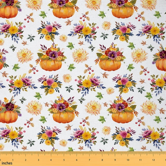 Homewish Orange Pumpkin Print Fabric by the Yard 1 Yard, Happy Fall Autumn Flower Room Decor Fabric by the Yard, Teens Kids Child Sewing Fabric, Luxury Bedroom Decor