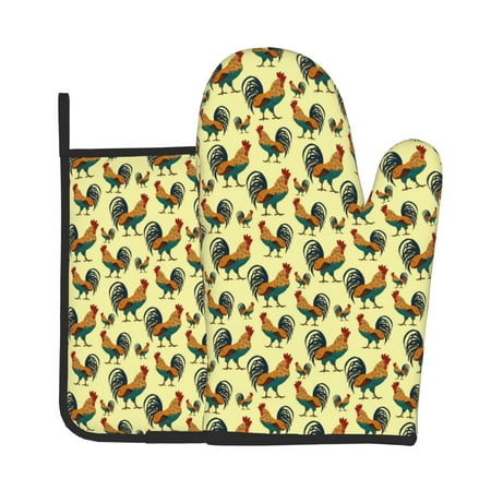 

Jgfou Roosters In Farm Pattern Oven Mitts and Pot Holders Sets Heat Resistant Oven Mittens Soft Lining Extra Thicken Long Kitchen Cotton Oven Glove for Cooking