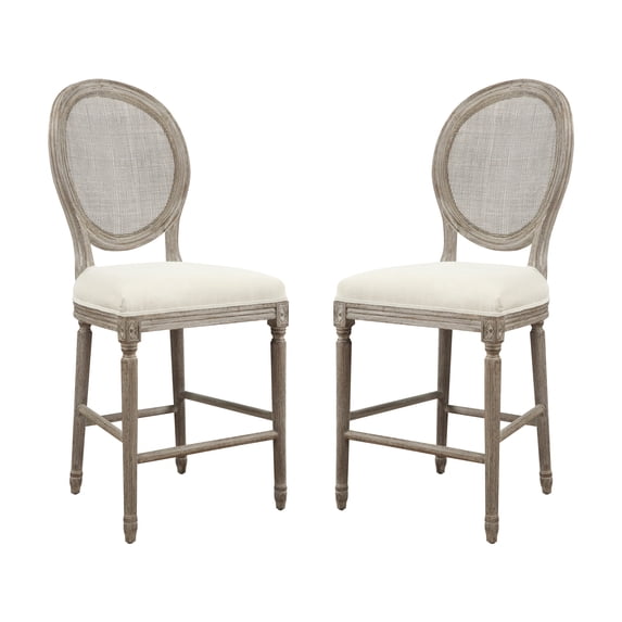 Emerald Home Salerno Sand Gray 24" Bar Stool with Upholstered Seat, Carved Legs, And Rattan Back, Set of Two